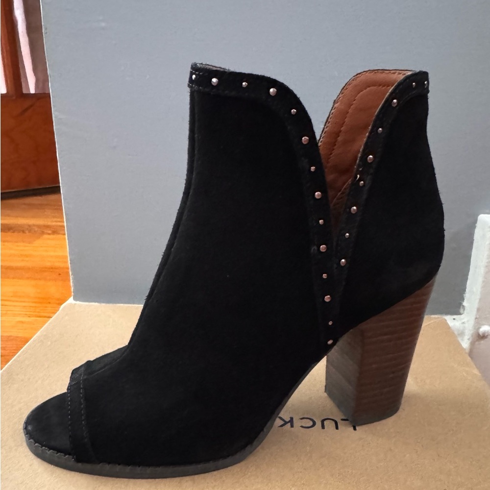 Black Suede Open Toe Ankle Boots with Studded Detail.  Never worn.
